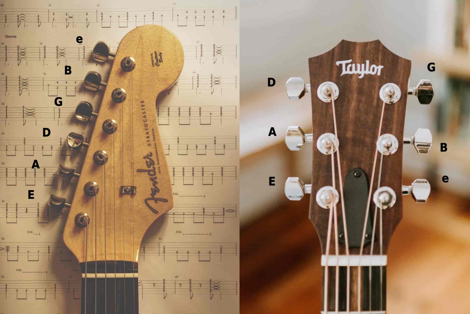 Two different kinds of guitar tuners with the correct notes marked on each tuner peg respectively.